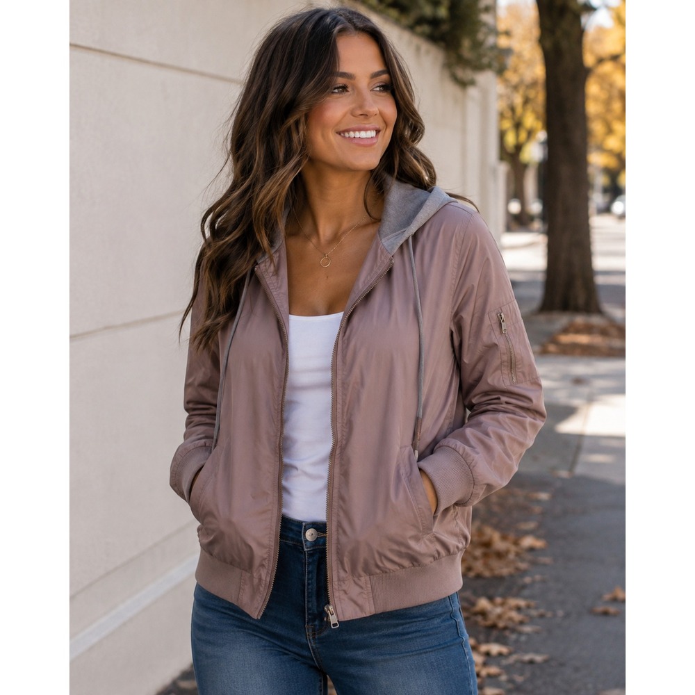 Forever 21 Womens S Mauve Hooded Bomber Jacket Lightweight Zip Windbreaker Fall